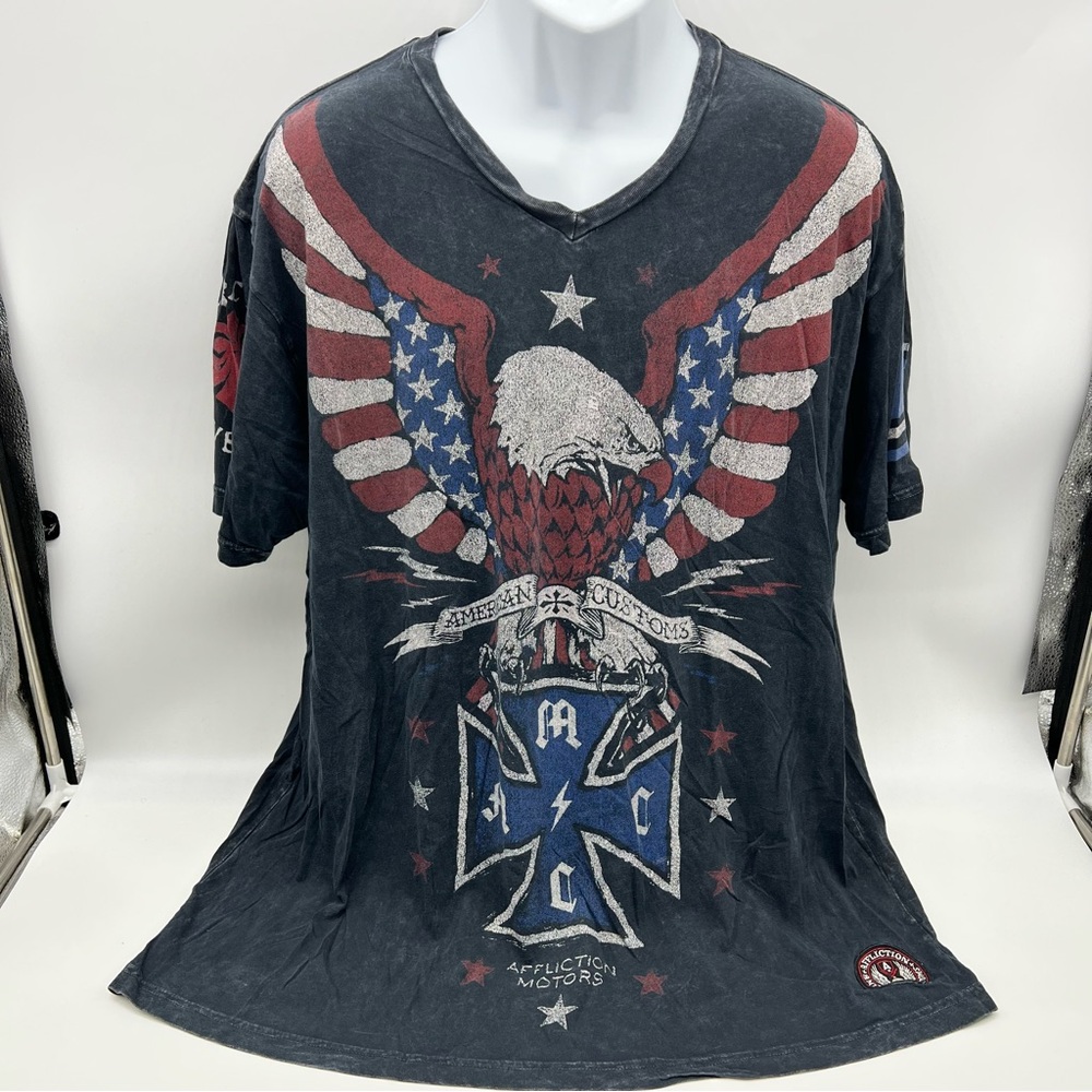 Affliction American Customs Motors Black/Red Short Sleeve Tee Patriotic Eagle